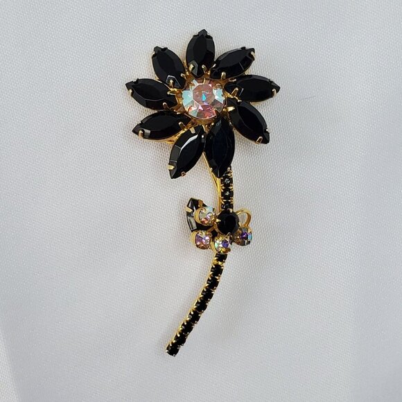 Juliana D&E Delizza Elster Designer Jewelry Jewelry - Juliana D&E Brooch Jet Black AB Flower Vintage Delizza Elster Designer Jewelry